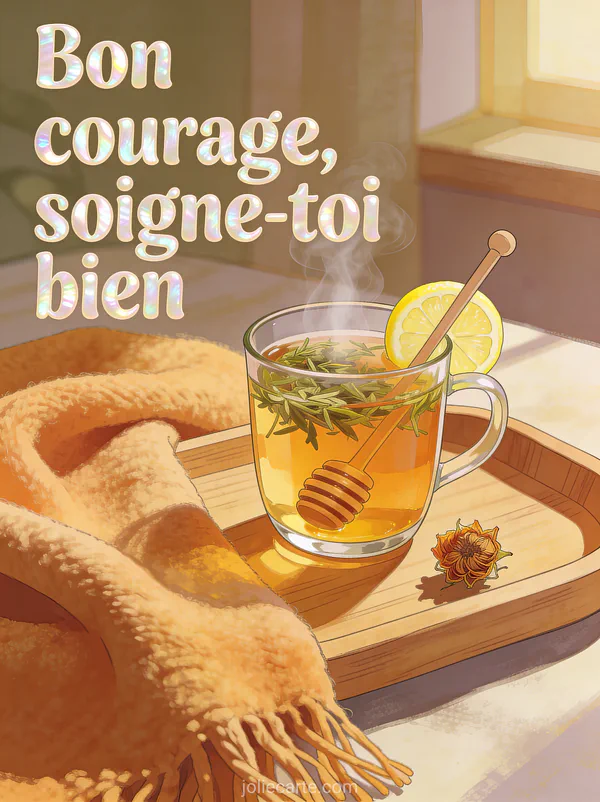 Tisane fumante aux herbes avec miel et citron sur un plateau en bois avec couverture chaude et petite fleur séchée et le texte Bon courage soigne-toi bien