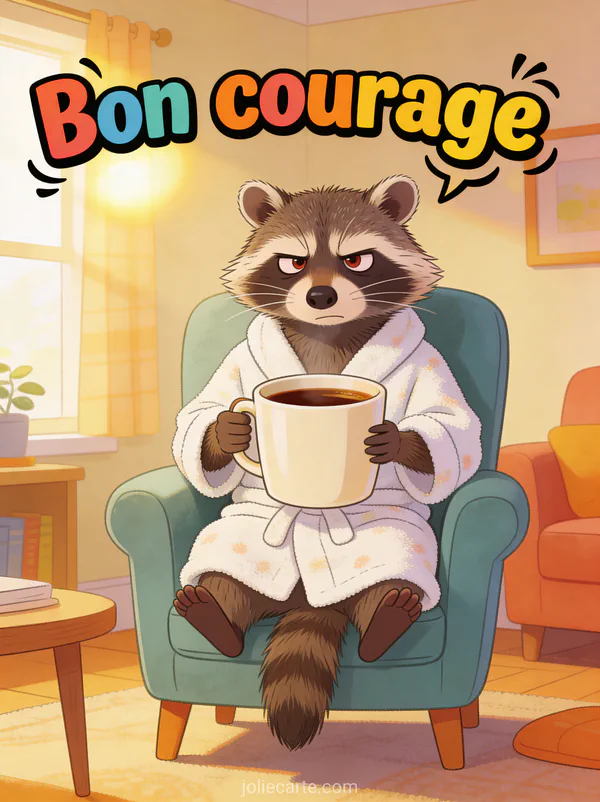 Raton laveur en peignoir de bain avec une tasse de café géante au regard fatigué mais déterminé dans un fauteuil et le texte Bon courage