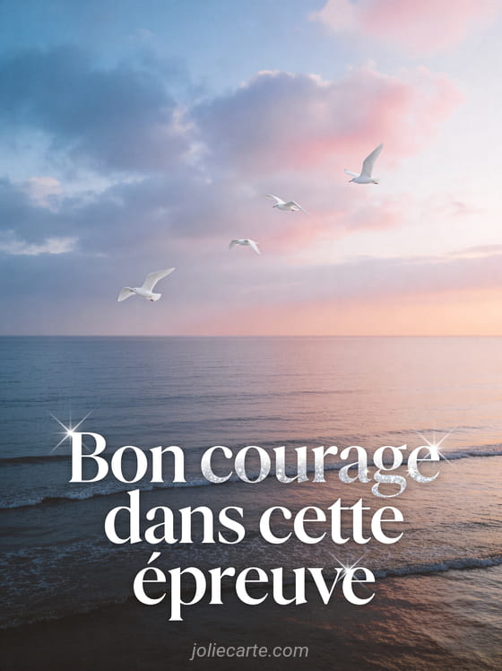 Paysage de mer calme à l'aube avec horizon infini et mouettes blanches en vol et ciel aux teintes douces et le texte Bon courage dans cette épreuve