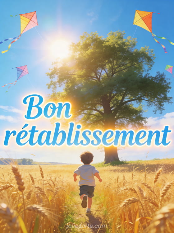 Petit garçon de dos courant dans un champ de blé doré vers un grand arbre sous le soleil avec le texte Bon rétablissement