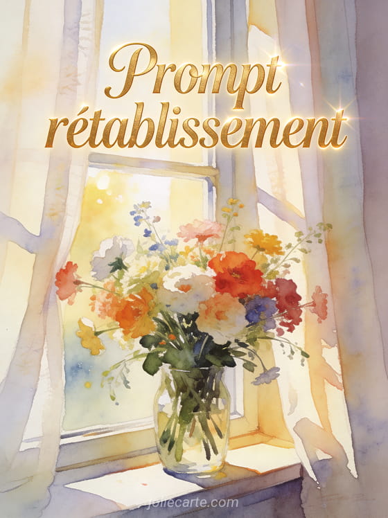 Bouquet de fleurs fraîches aux couleurs vives posé sur un rebord de fenêtre ensoleillé avec le texte Prompt rétablissement en lettres dorées