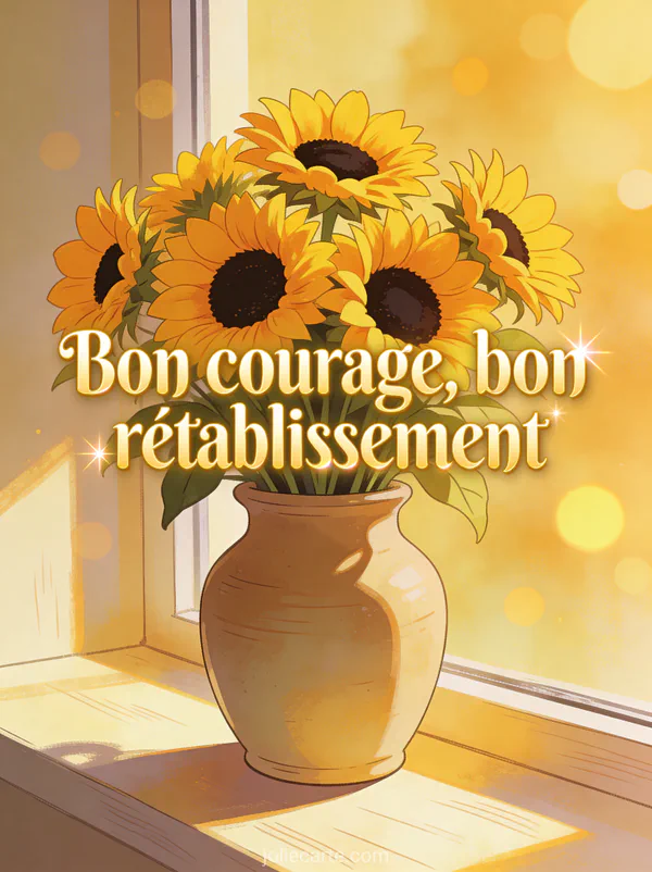Bouquet de tournesols dans un vase en céramique posé sur un rebord de fenêtre ensoleillé avec le texte Bon courage bon rétablissement en lettres dorées