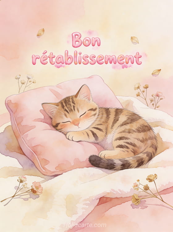 Adorable chaton tigré endormi sur un coussin rose moelleux entouré de petites fleurs séchées avec le texte Bon rétablissement