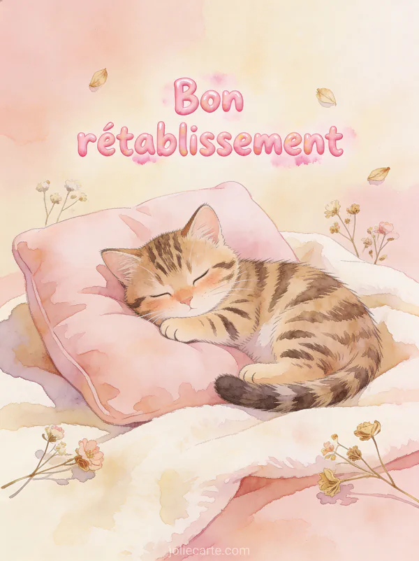 Adorable chaton tigré endormi sur un coussin rose moelleux entouré de petites fleurs séchées avec le texte Bon rétablissement
