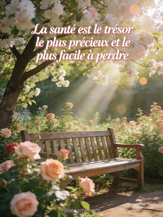 Jardin paisible avec des roses épanouies et un banc en bois sous un arbre fleuri avec le texte La santé est le trésor le plus précieux en lettres blanches cursives