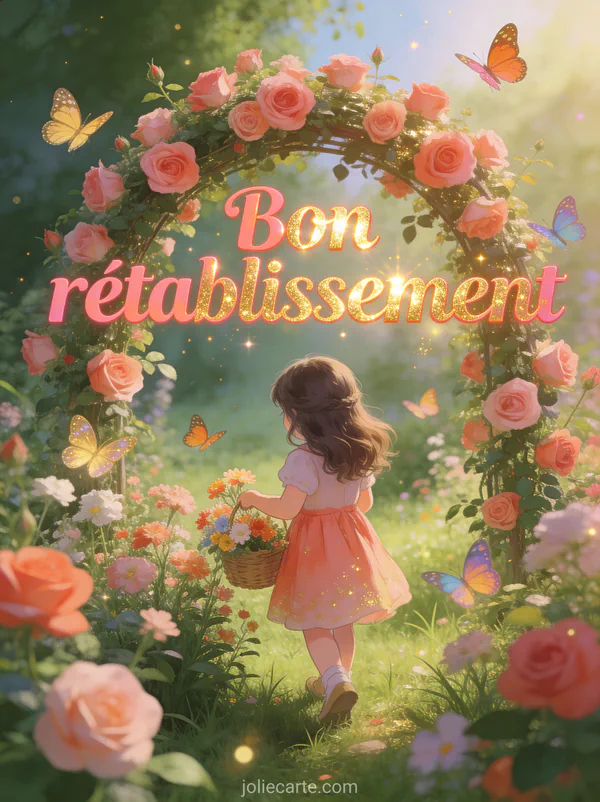 Petite fille de dos cueillant des fleurs dans un jardin enchanté avec arche de roses et papillons et le texte Bon rétablissement