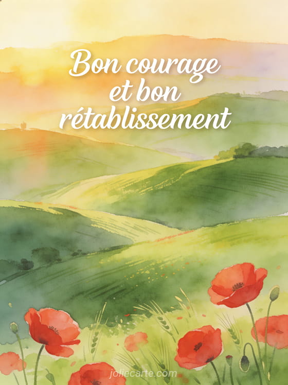 Paysage de collines verdoyantes au lever du soleil avec des coquelicots rouges au premier plan et le texte Bon courage et bon rétablissement en lettres blanches calligraphiées