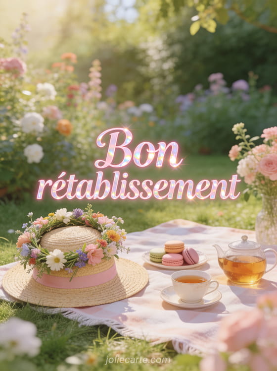 Couronne de fleurs sauvages sur un chapeau de paille avec macarons et thé dans un jardin fleuri et le texte Bon rétablissement