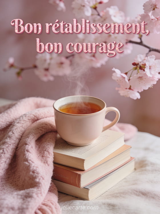 Tasse de tisane fumante posée sur une pile de livres à côté d'un plaid doux avec des fleurs de cerisier en arrière-plan et le texte Bon rétablissement bon courage