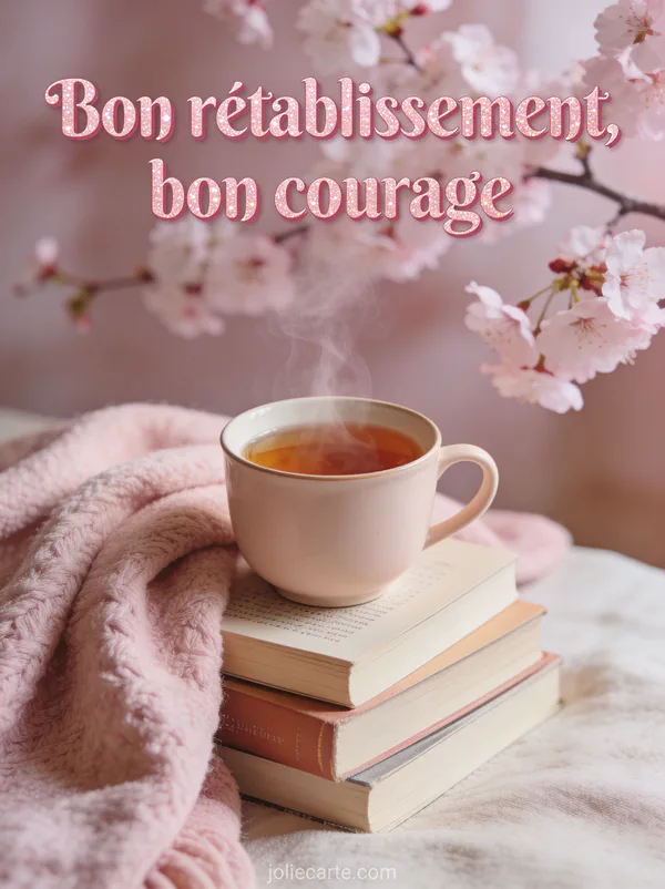 Tasse de tisane fumante posée sur une pile de livres à côté d'un plaid doux avec des fleurs de cerisier en arrière-plan et le texte Bon rétablissement bon courage
