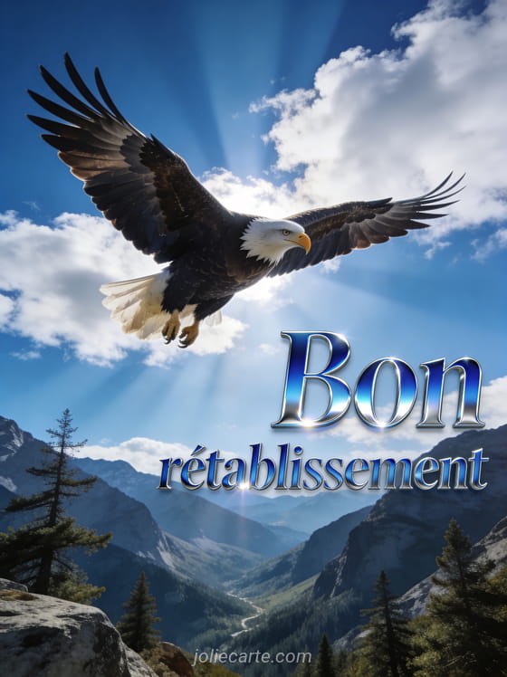 Aigle majestueux planant au-dessus d'une vallée de montagnes avec des pins sous un ciel bleu profond et le texte Bon rétablissement