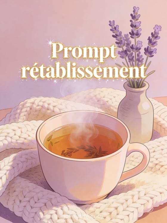 Tasse de tisane fumante posée sur une couverture en laine tricotée à côté d'un petit vase de lavande avec le texte Prompt rétablissement en lettres blanches et dorées