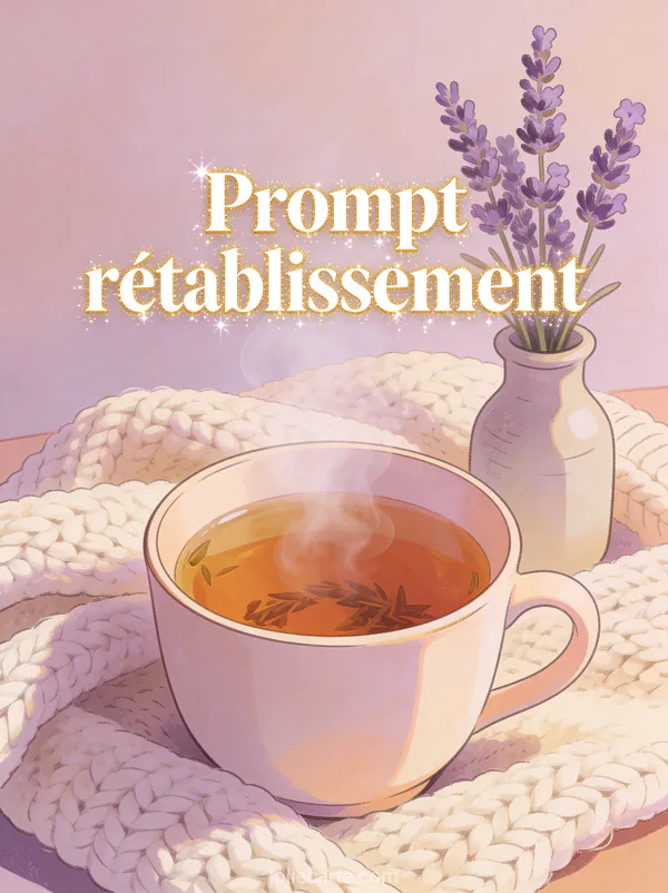 Tasse de tisane fumante posée sur une couverture en laine tricotée à côté d'un petit vase de lavande avec le texte Prompt rétablissement en lettres blanches et dorées