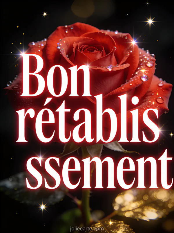 Grande rose rouge avec des gouttelettes de rosée scintillantes sur fond noir avec reflets dorés et le texte Bon rétablissement