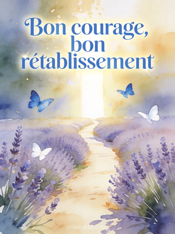 Chemin bordé de lavande menant vers un horizon lumineux avec des papillons bleus et blancs en vol et le texte Bon courage bon rétablissement en lettres bleu ciel