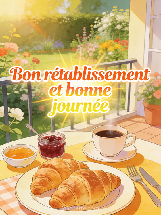 Petit-déjeuner ensoleillé sur une terrasse avec croissants café et vue sur un jardin fleuri et le texte Bon rétablissement et bonne journée