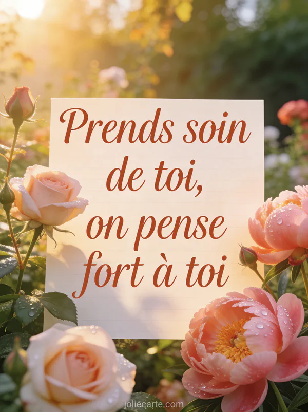 Jardin fleuri avec des roses et des pivoines dans la lumière dorée du matin avec rosée sur les pétales et le texte Prends soin de toi on pense fort à toi