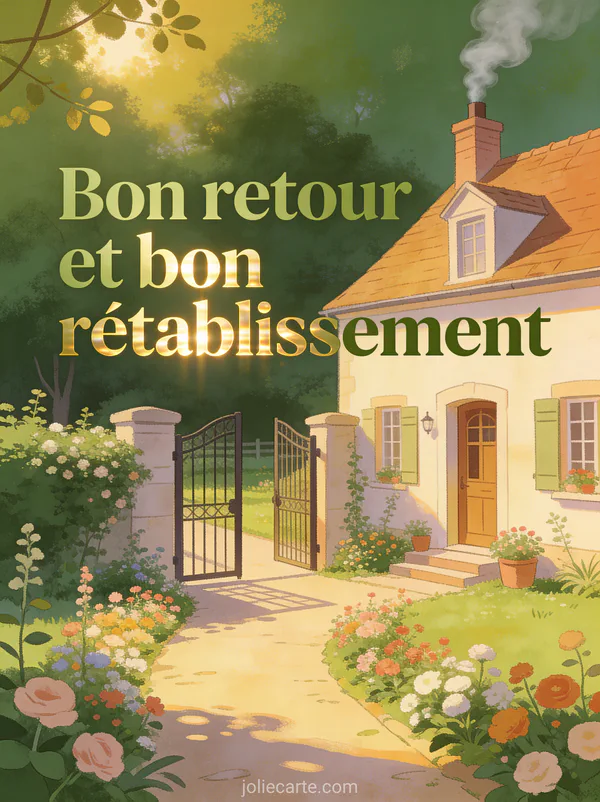 Maison de campagne accueillante avec portail ouvert allée bordée de fleurs et fumée de cheminée et le texte Bon retour et bon rétablissement