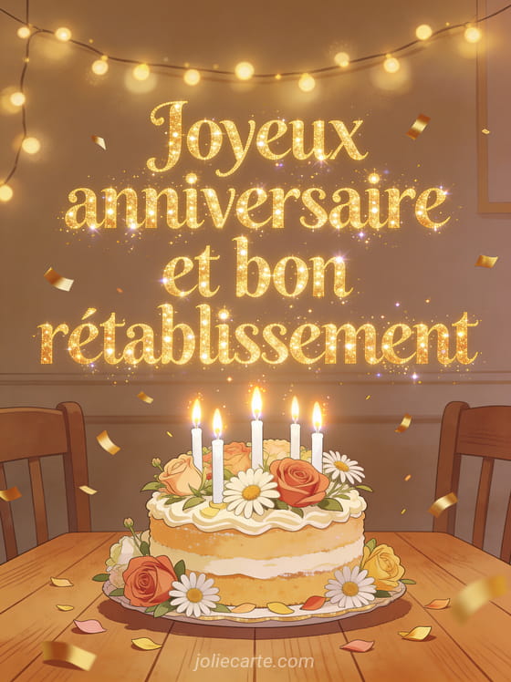 Gâteau d'anniversaire décoré de fleurs fraîches et de bougies allumées sur une table en bois avec confettis dorés et le texte Joyeux anniversaire et bon rétablissement