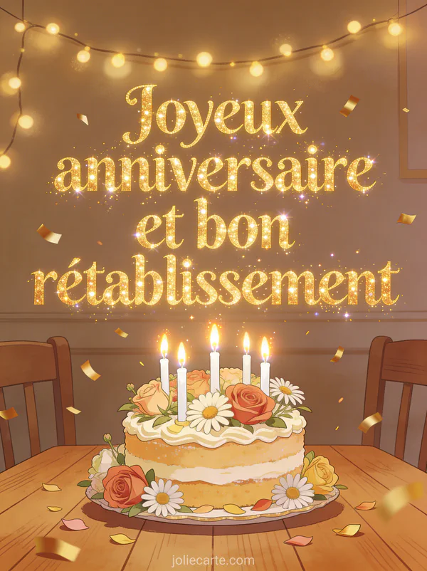 Gâteau d'anniversaire décoré de fleurs fraîches et de bougies allumées sur une table en bois avec confettis dorés et le texte Joyeux anniversaire et bon rétablissement