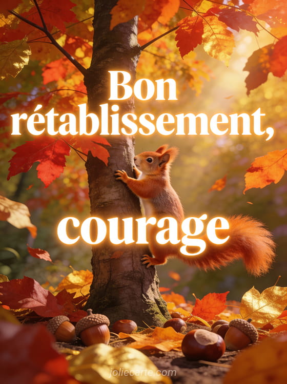 Écureuil roux grimpant un arbre au milieu de feuilles d'automne colorées rouge orange et or avec le texte Bon rétablissement courage