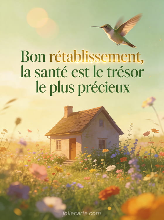 Petit cottage entouré de fleurs sauvages multicolores dans une prairie avec un colibri en vol et le texte Bon rétablissement la santé est le trésor le plus précieux