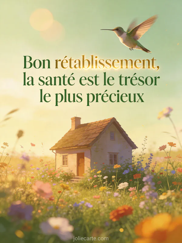 Petit cottage entouré de fleurs sauvages multicolores dans une prairie avec un colibri en vol et le texte Bon rétablissement la santé est le trésor le plus précieux