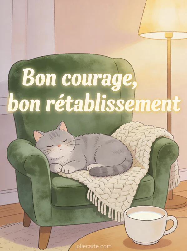 Chat gris moelleux allongé sur un fauteuil en velours vert avec un plaid et une tasse de lait et le texte Bon courage bon rétablissement
