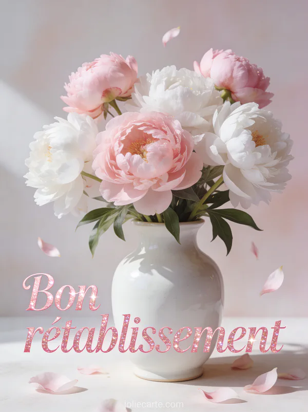 Arrangement de pivoines roses et blanches dans un vase en céramique blanche avec des pétales qui tombent délicatement et le texte Bon rétablissement en lettres roses