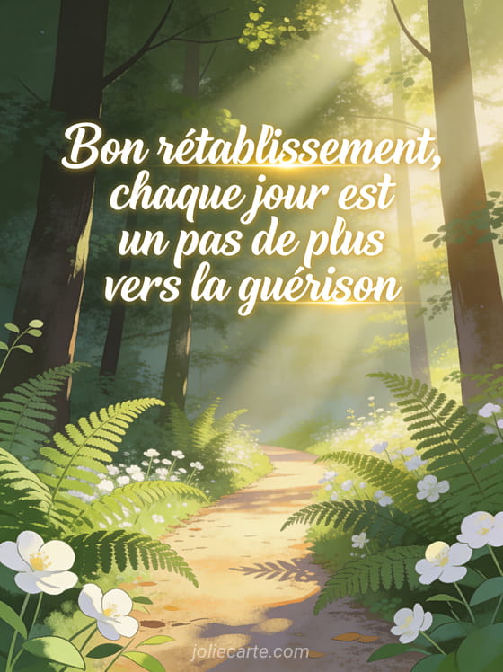 Sentier de forêt baigné de lumière matinale avec des fougères vertes et des fleurs blanches et le texte Bon rétablissement chaque jour est un pas de plus vers la guérison