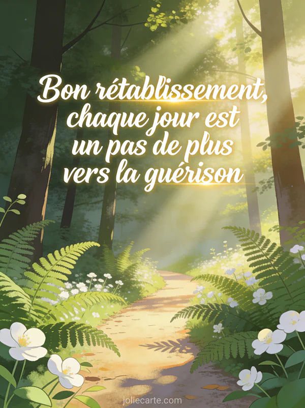 Sentier de forêt baigné de lumière matinale avec des fougères vertes et des fleurs blanches et le texte Bon rétablissement chaque jour est un pas de plus vers la guérison