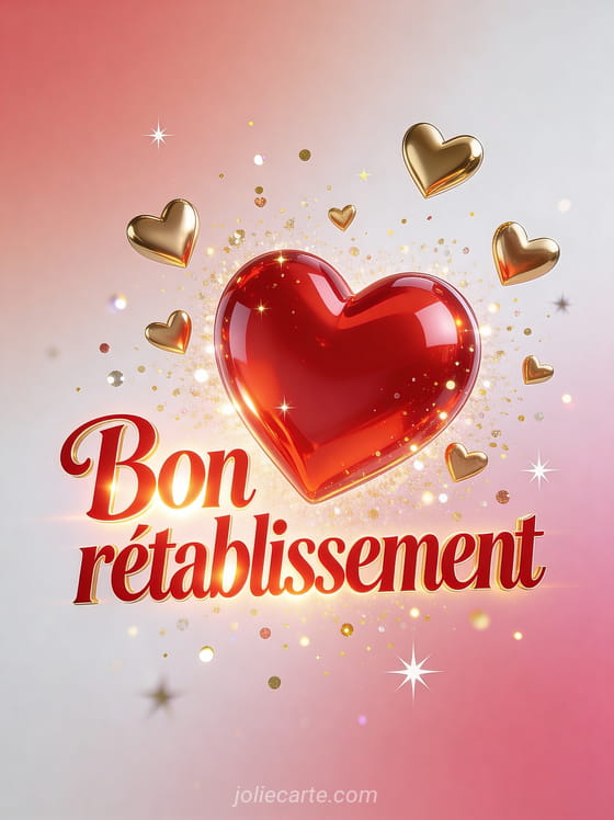 Grand coeur rouge en 3D brillant entouré de petits coeurs dorés flottants sur fond rose avec paillettes et le texte Bon rétablissement
