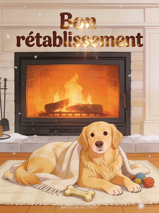 Golden retriever couché sur un tapis devant une cheminée allumée avec couverture douce et le texte Bon rétablissement