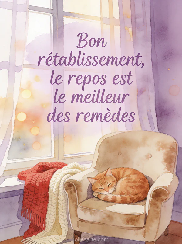 Chat roux endormi en boule sur un fauteuil confortable près d'une fenêtre avec un plaid en laine et le texte Bon rétablissement le repos est le meilleur des remèdes