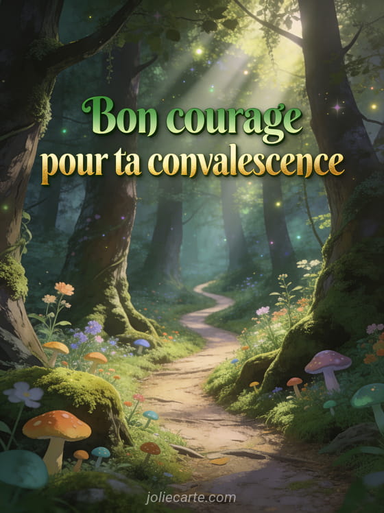 Sentier sinueux dans une forêt enchantée avec arbres moussus champignons colorés et rayons de lumière et le texte Bon courage pour ta convalescence