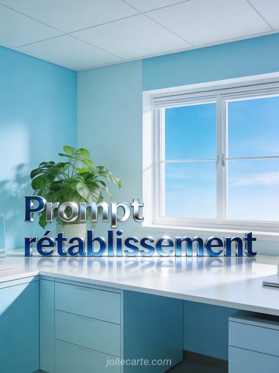 Bureau lumineux avec une plante verte luxuriante et une fenêtre donnant sur un ciel bleu avec le texte Prompt rétablissement en lettres bleues sobres