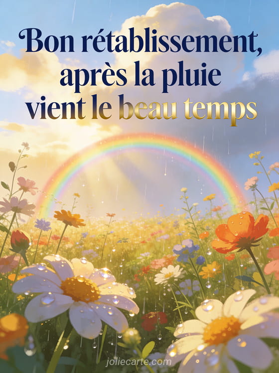 Arc-en-ciel au-dessus d'un champ de fleurs sauvages après une averse avec des gouttelettes scintillantes sur les pétales et le texte Après la pluie vient le beau temps
