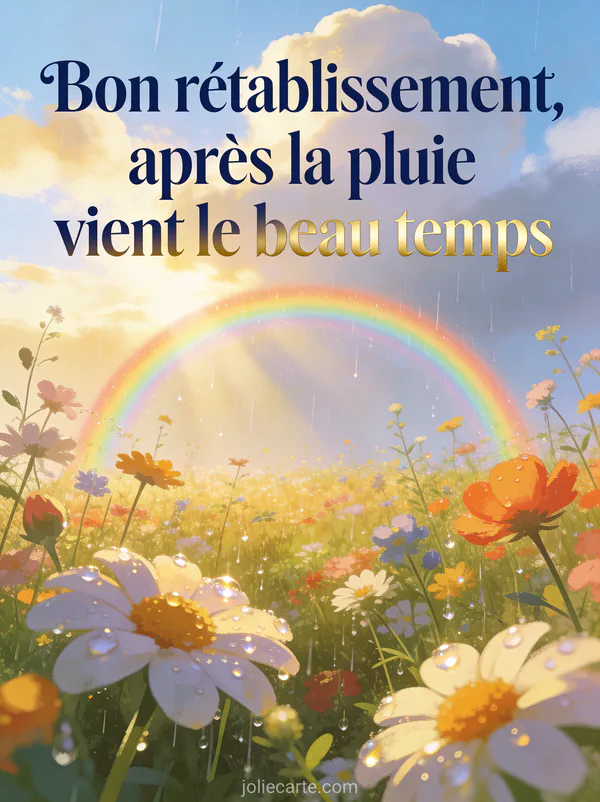 Arc-en-ciel au-dessus d'un champ de fleurs sauvages après une averse avec des gouttelettes scintillantes sur les pétales et le texte Après la pluie vient le beau temps