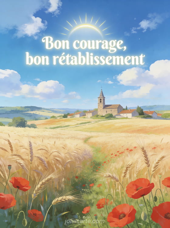 Panorama de campagne française avec champs de blé et coquelicots petit village au loin sous un ciel bleu et le texte Bon courage bon rétablissement