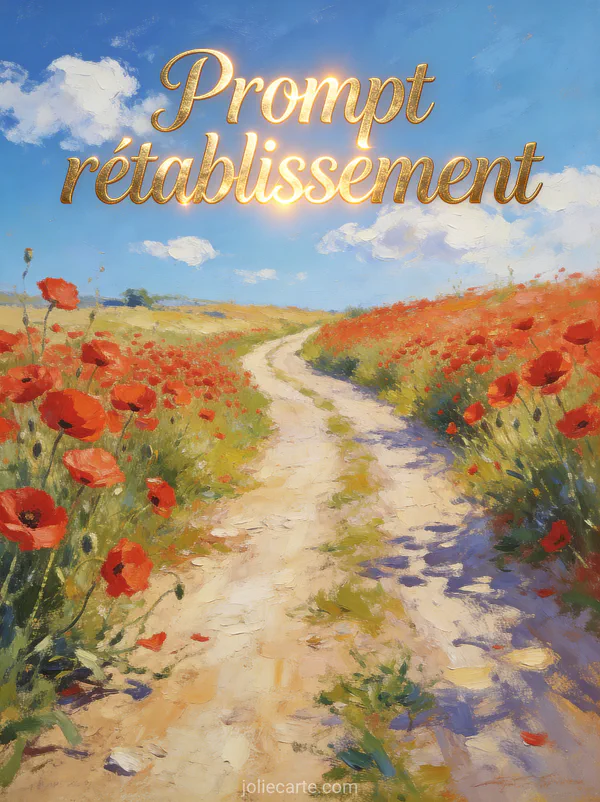 Chemin de campagne bordé de coquelicots rouges sous un ciel bleu avec des nuages blancs et le texte Prompt rétablissement en lettres dorées calligraphiées