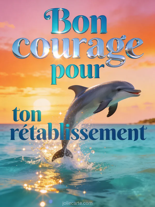 Dauphin joyeux sautant hors de l'eau dans une baie turquoise au coucher du soleil avec éclaboussures et le texte Bon courage pour ton rétablissement