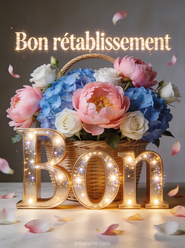 Composition florale avec des pivoines roses, des hortensias bleus et des roses blanches dans un panier en osier avec le texte Bon rétablissement en lettres dorées