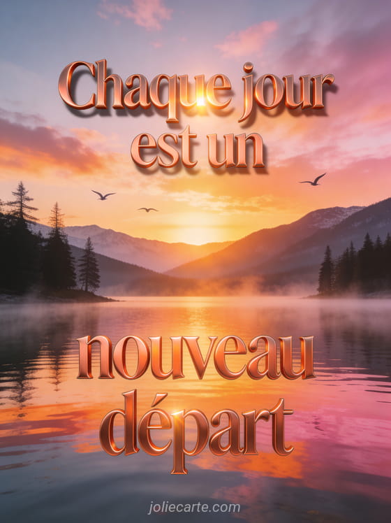 Aube spectaculaire au-dessus d'un lac de montagne avec reflets roses et orangés brume légère et oiseaux en vol et le texte Chaque jour est un nouveau départ