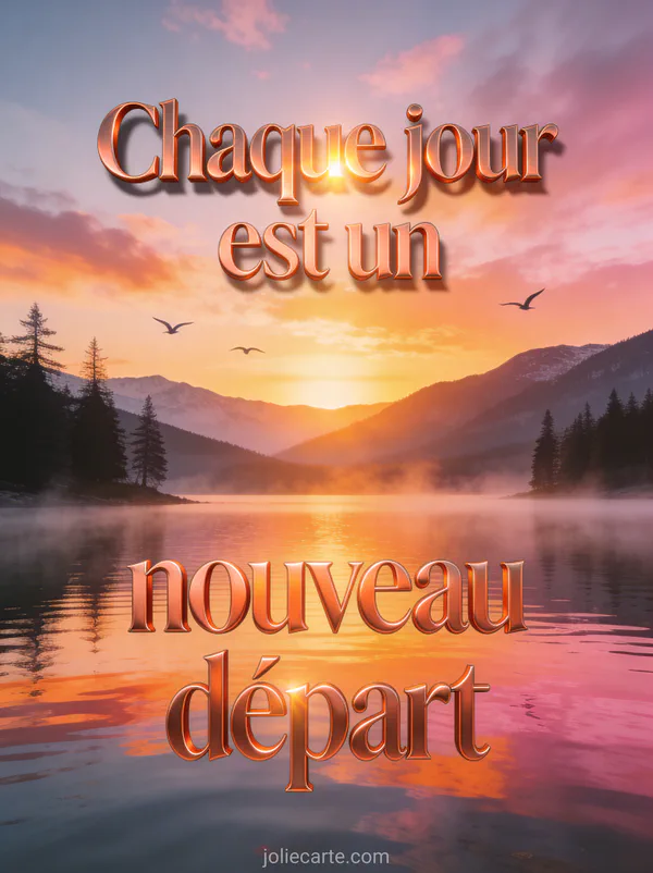 Aube spectaculaire au-dessus d'un lac de montagne avec reflets roses et orangés brume légère et oiseaux en vol et le texte Chaque jour est un nouveau départ