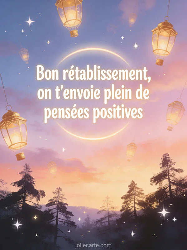Lanternes volantes dorées s'élevant dans un ciel crépusculaire aux couleurs pastel avec des étoiles scintillantes et le texte Bon rétablissement on t'envoie plein de pensées positives