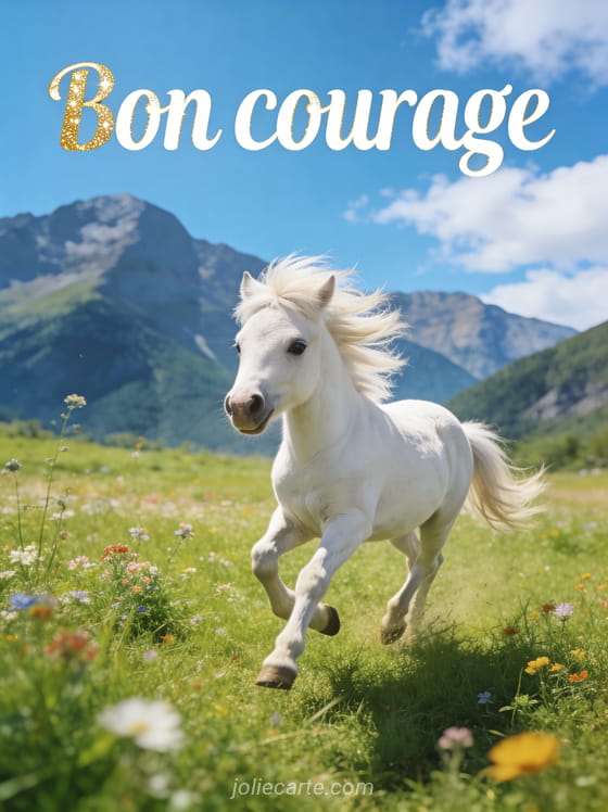 Petit cheval blanc galopant dans une prairie verte avec des fleurs sauvages et des montagnes en arrière-plan et le texte Bon courage