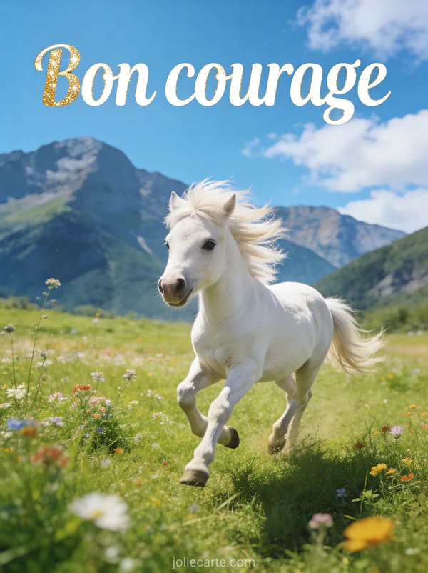 Petit cheval blanc galopant dans une prairie verte avec des fleurs sauvages et des montagnes en arrière-plan et le texte Bon courage