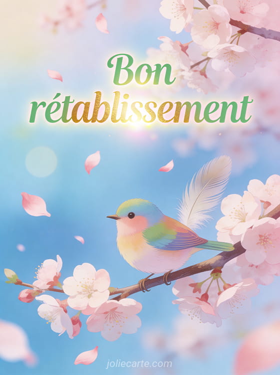 Petit oiseau coloré perché sur une branche de cerisier en fleurs avec des pétales roses qui volent dans le vent et le texte Bon rétablissement en lettres vertes