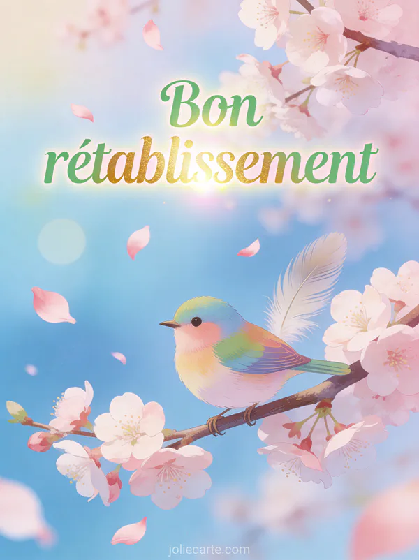 Petit oiseau coloré perché sur une branche de cerisier en fleurs avec des pétales roses qui volent dans le vent et le texte Bon rétablissement en lettres vertes