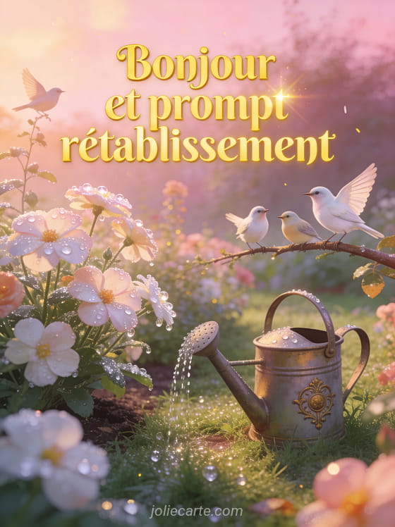 Jardin au petit matin avec fleurs couvertes de rosée arrosoir vintage et oiseaux chanteurs dans la lumière de l'aube et le texte Bonjour et prompt rétablissement